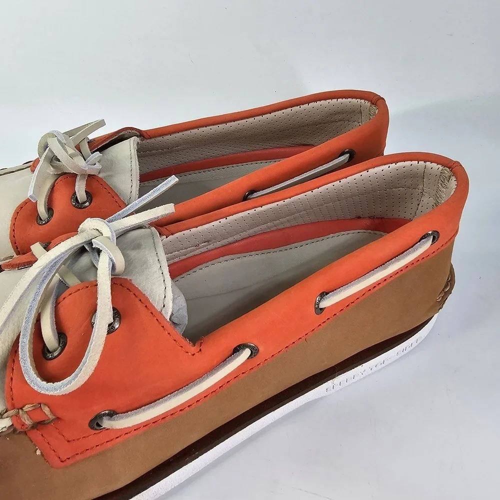 Sperry Gold Cup Tri-Tone Leather 2-Eye Boat Shoes Mens 14 White Orange Tan NWOT